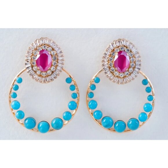 Anton Heunis Gem Cluster Hoop Earrings in Pink Blue Crystal & Gold New Womens - Picture 9 of 10